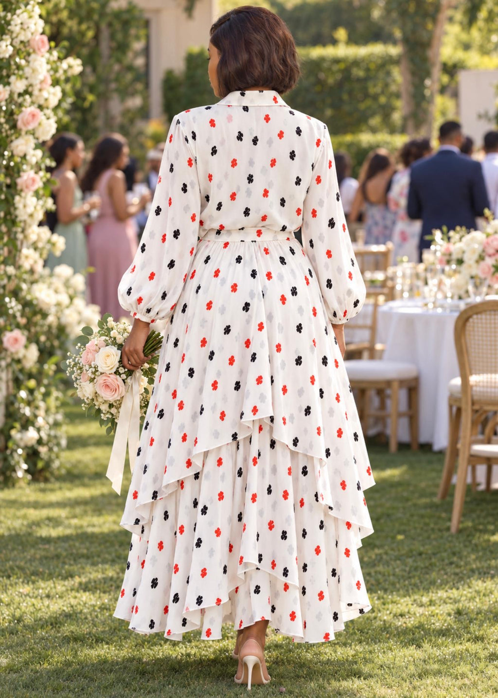 White Floral Print Two-Piece Set – Balloon Sleeve Blouse &amp; Layered Maxi Skirt