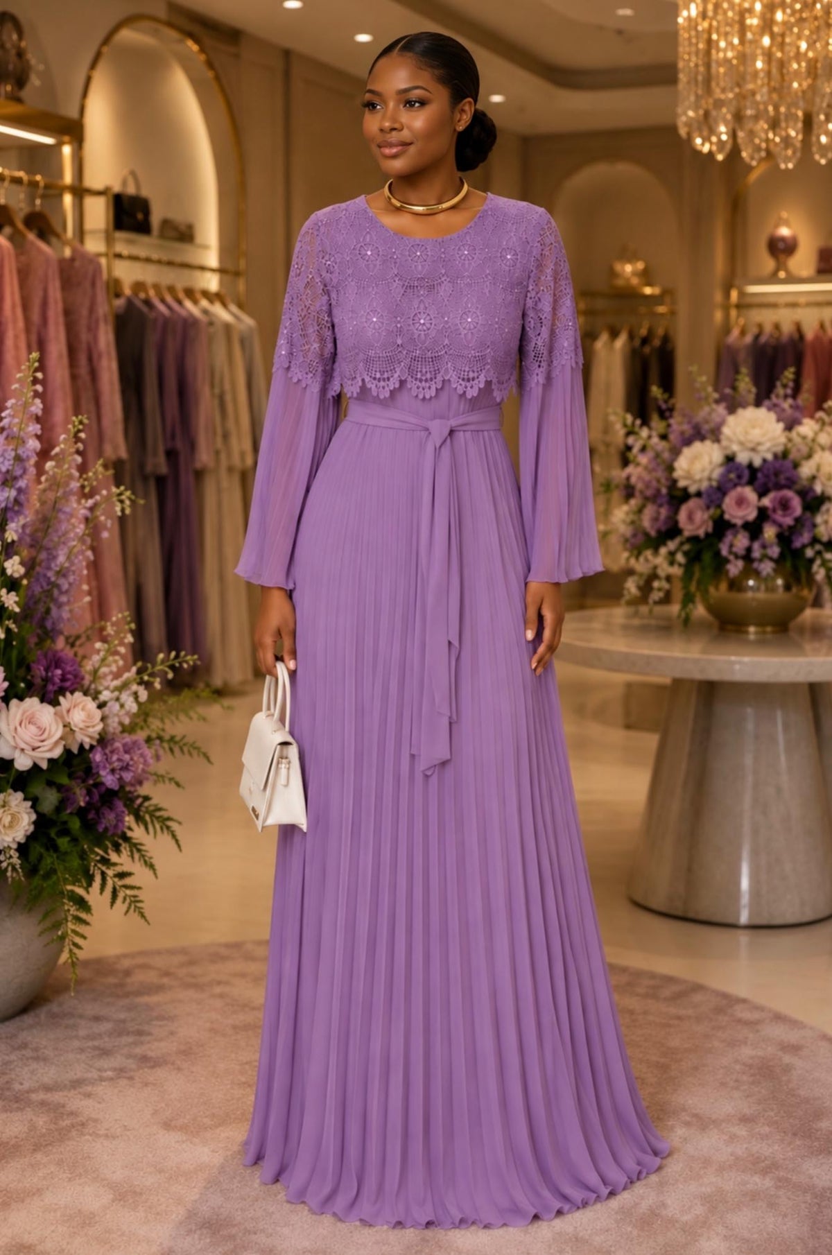 Elegant Lavender Lace & Pleated Maxi Gown. 💜
