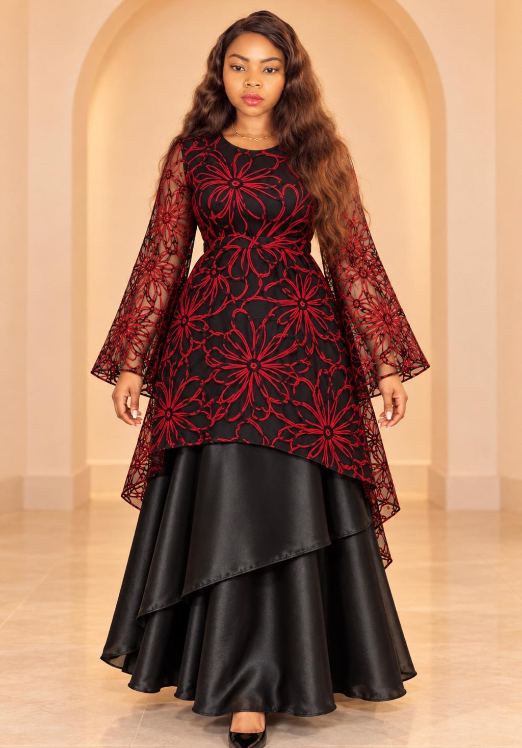 Black & Red Embroidered Floral Maxi Dress with Satin Overlay