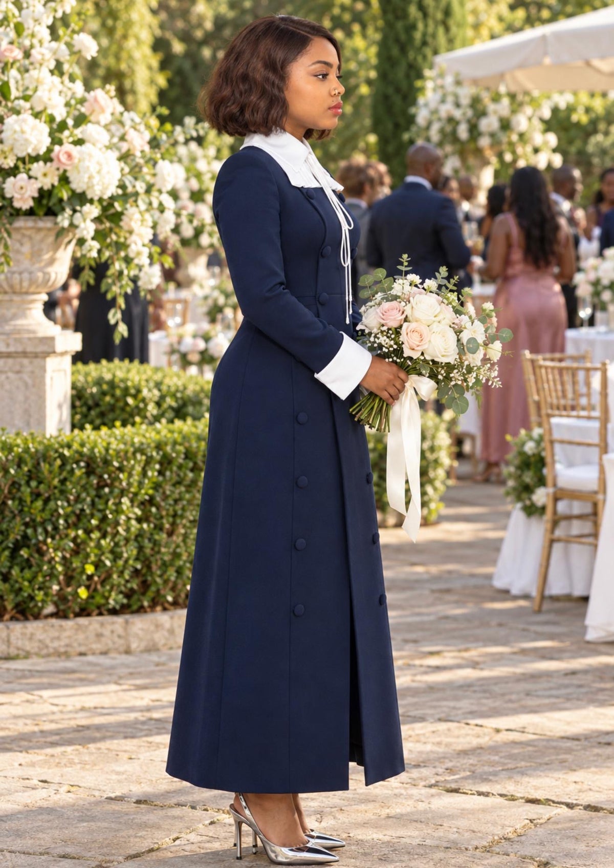 Elegant Navy Blue Double-Breasted Maxi Dress with White Collar