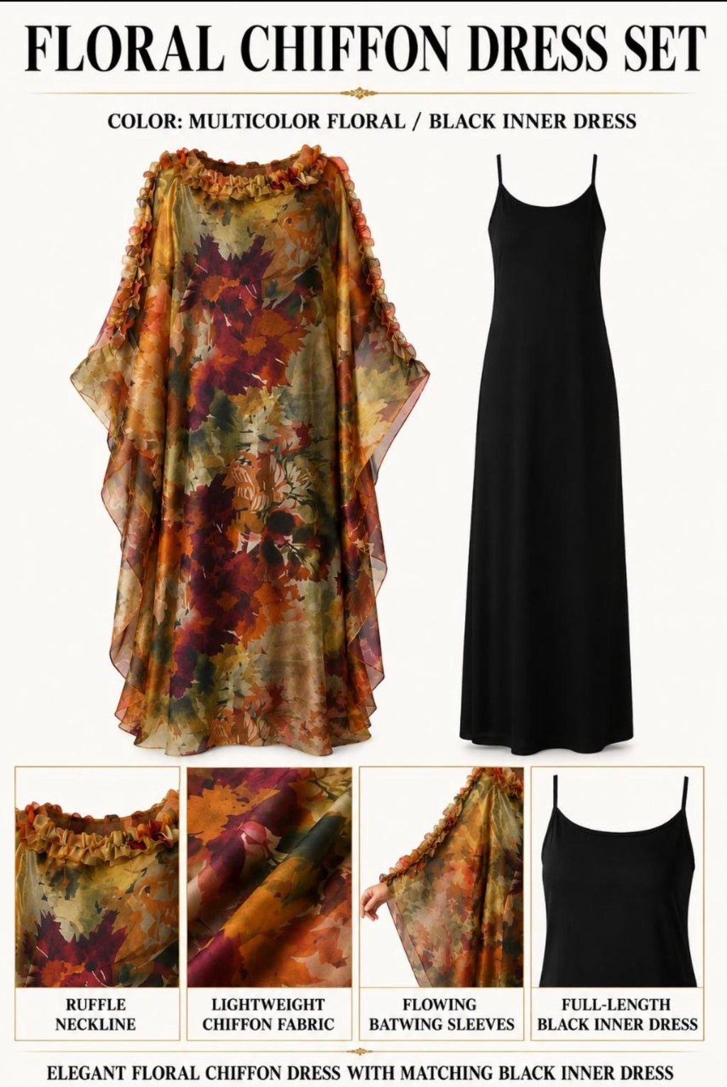 Floral Chiffon Kaftan Dress Set with Black Inner Dress