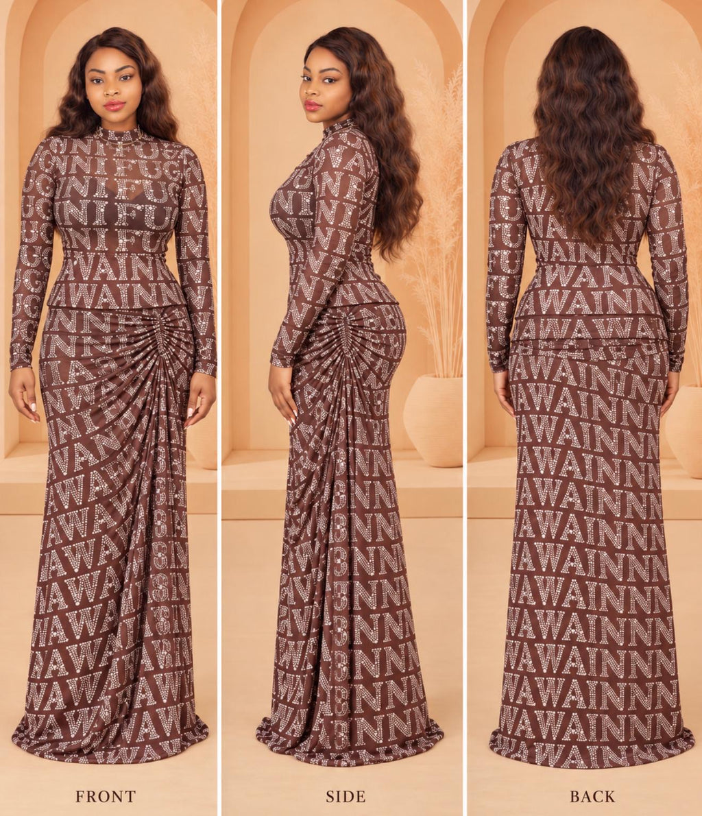 Brown Rhinestone Print Two-Piece Set. Long-Sleeve Top & Ruched Maxi Skirt