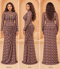 Brown Rhinestone Print Two-Piece Set. Long-Sleeve Top & Ruched Maxi Skirt