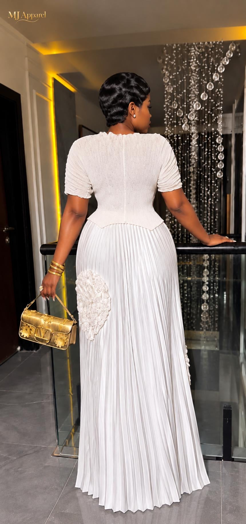 Elegant White Textured Top &amp; Pleated Skirt Set
