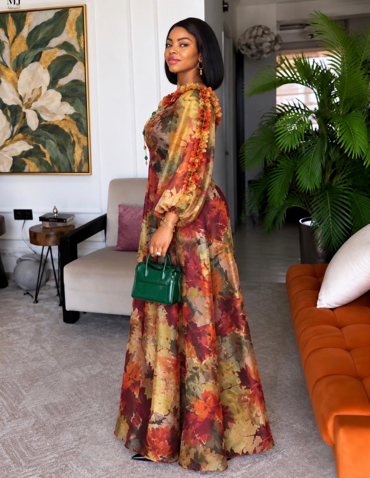 Floral Chiffon Kaftan Dress Set with Black Inner Dress