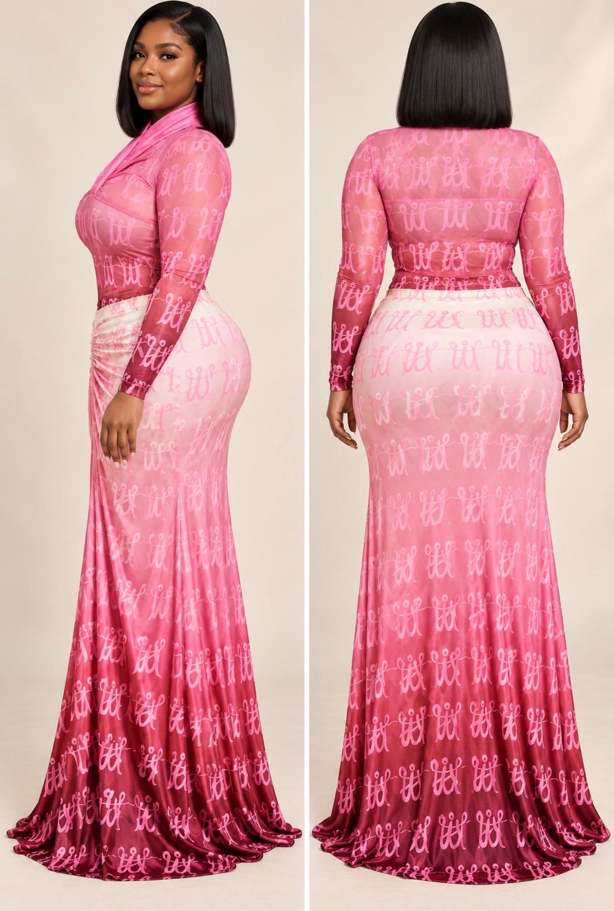 Pink Ombre Printed Two-Piece Maxi Skirt Set