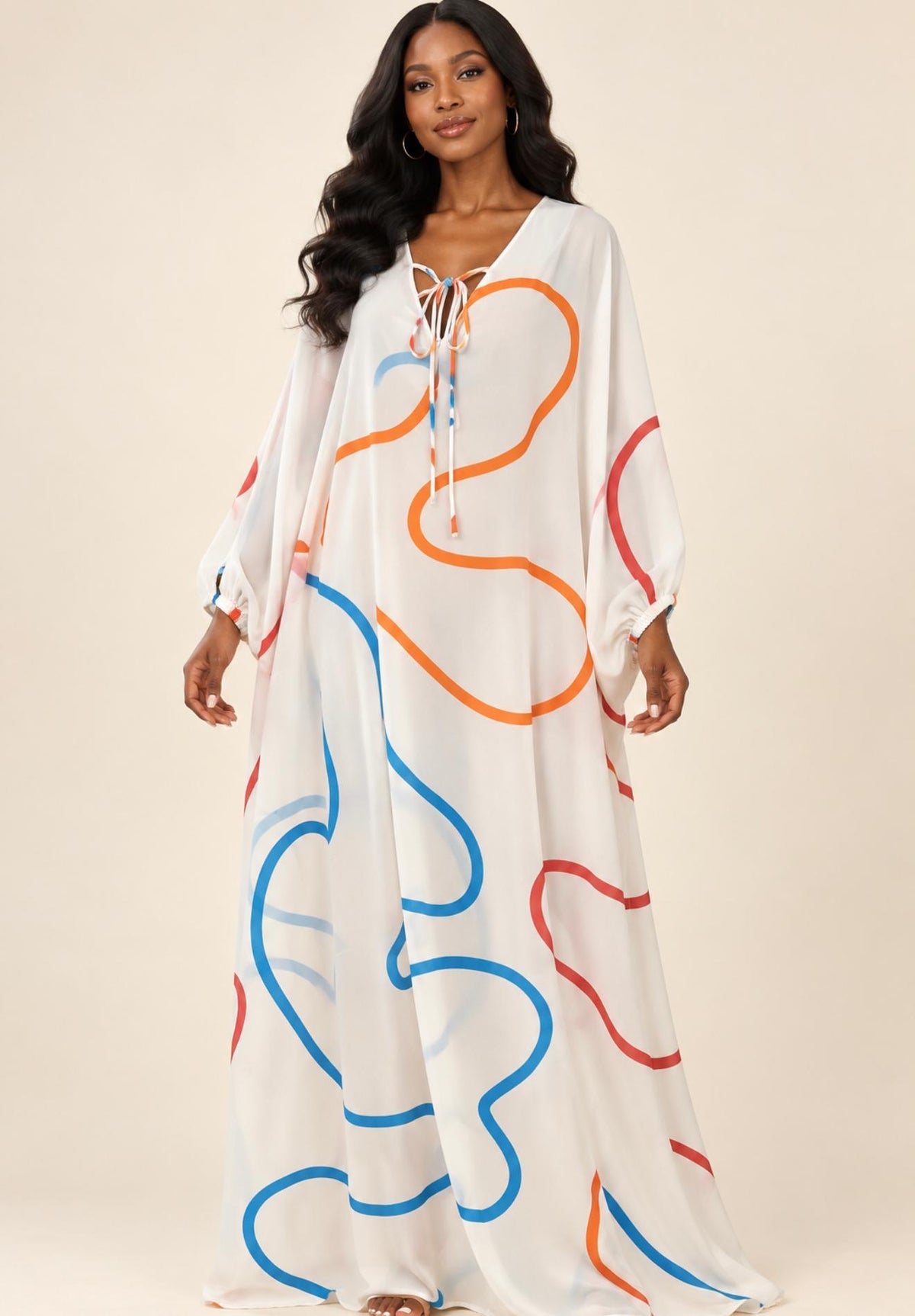 White Multicolour Abstract Print Kaftan