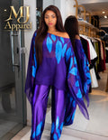 Royal Blue & Purple Leaf Print Two-Piece Pants Set. 💜💙