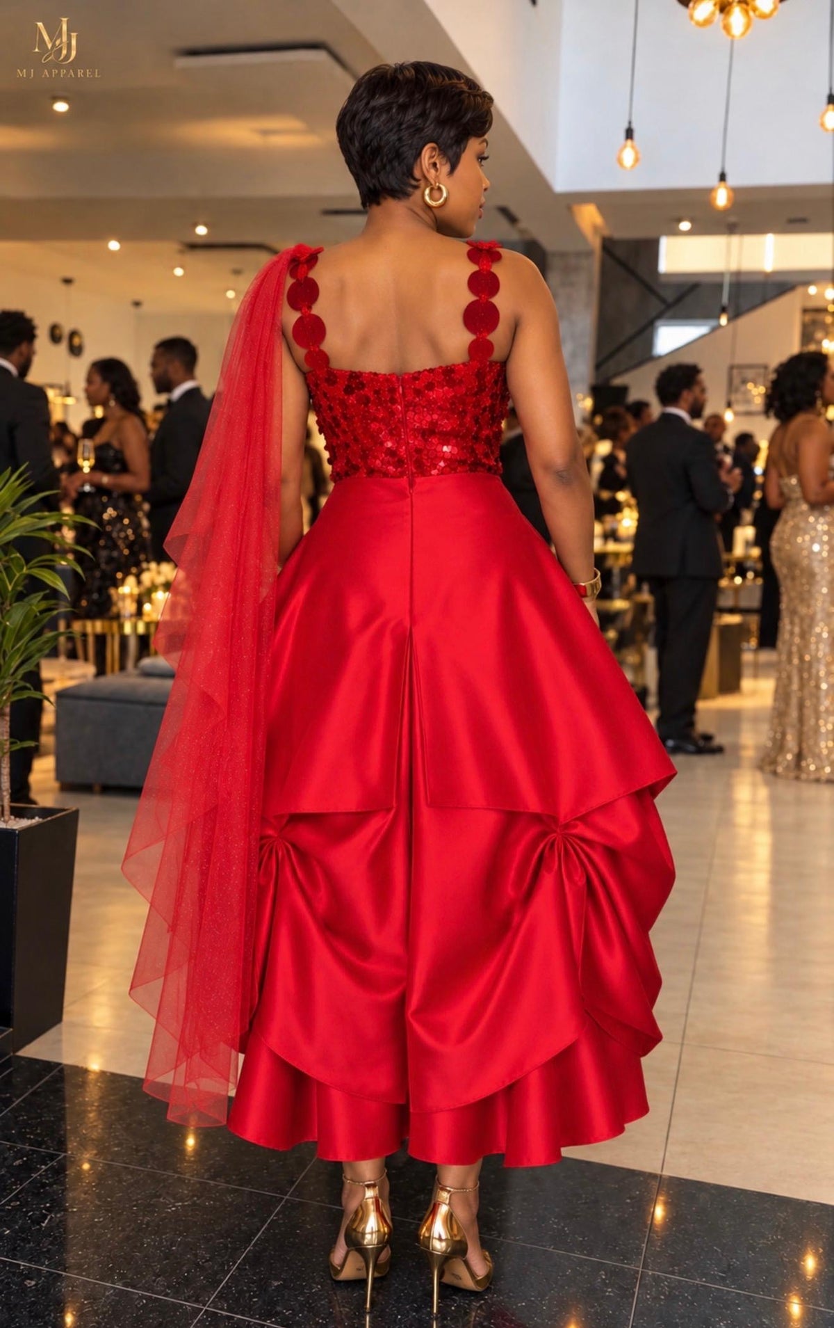 Red sequin & Satin draped dress