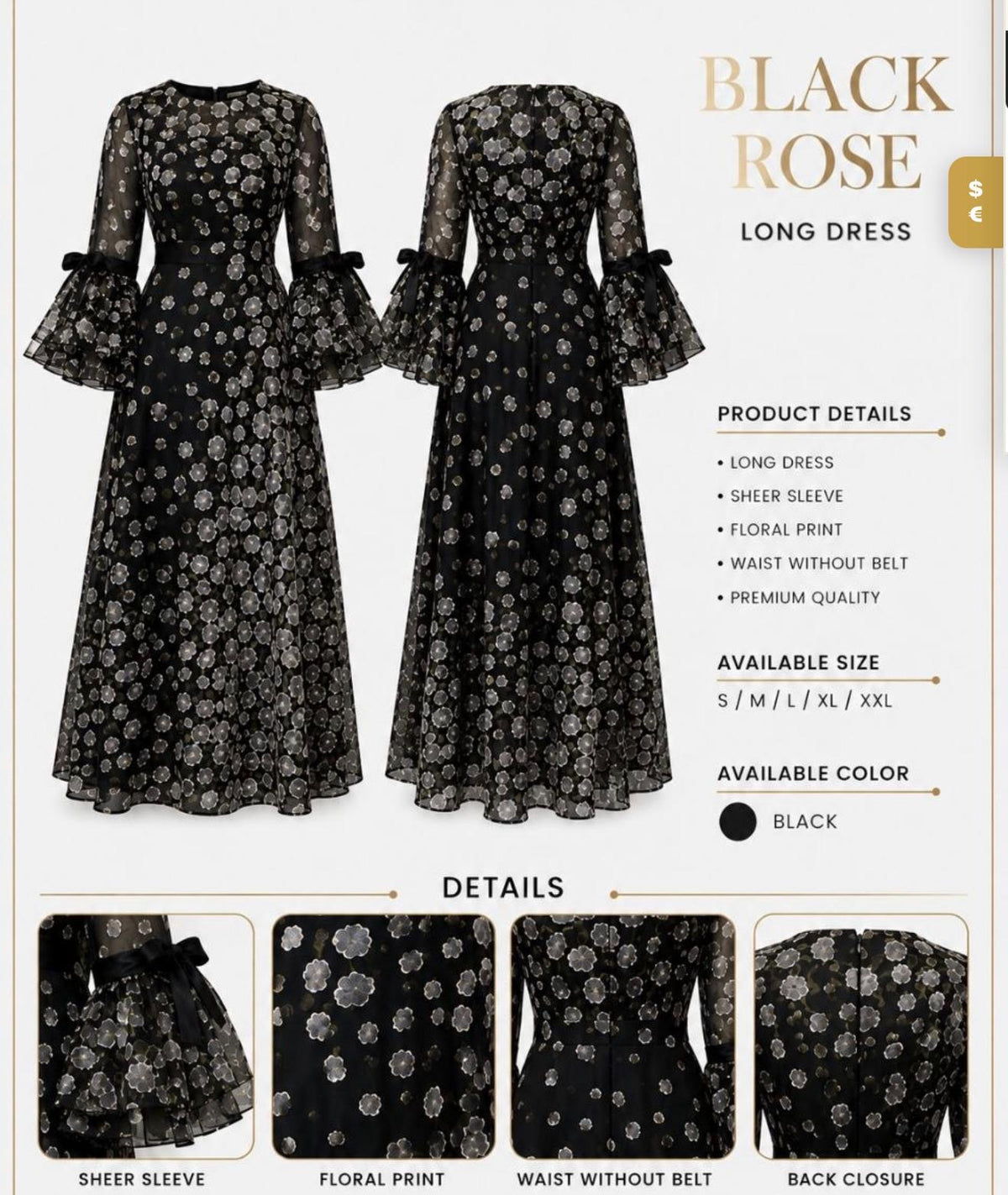 Elegant Black and Silver Floral Maxi Dress with Statement Sleeves