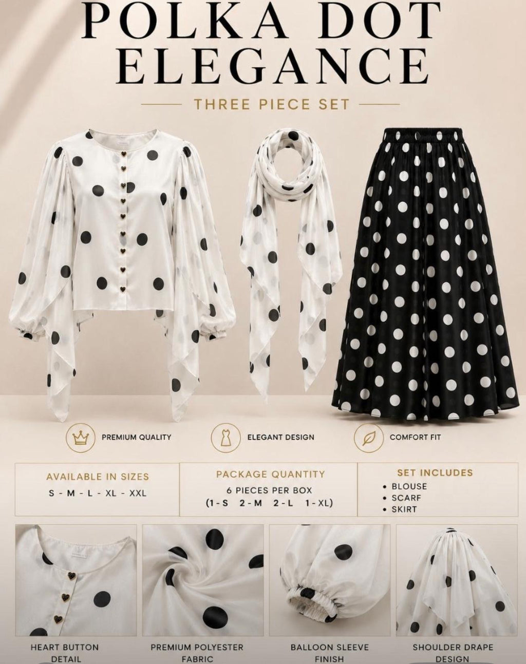 Polka Dot Elegance Three-Piece Set. Blouse, Skirt & Scarf