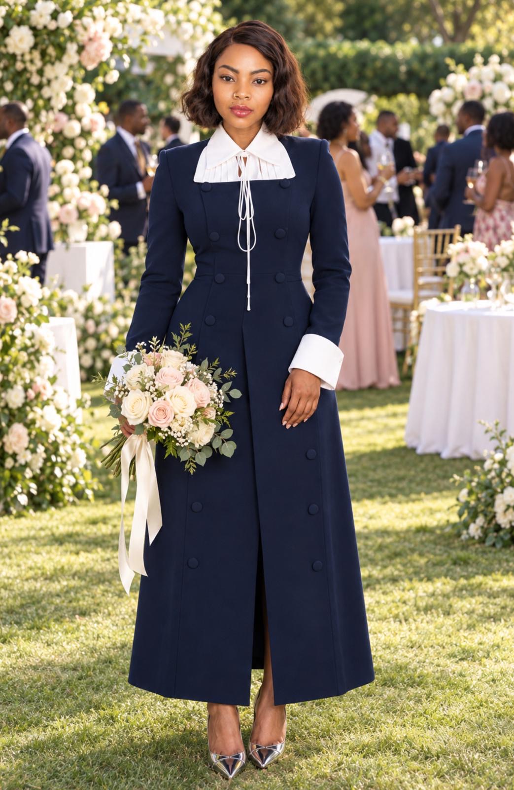 Elegant Navy Blue Double-Breasted Maxi Dress with White Collar