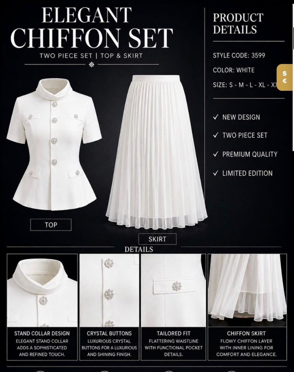 Elegant white Chiffon Two piece set