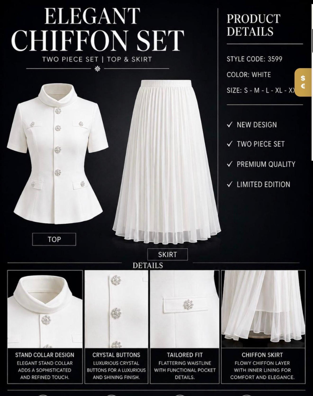 Elegant white Chiffon Two piece set