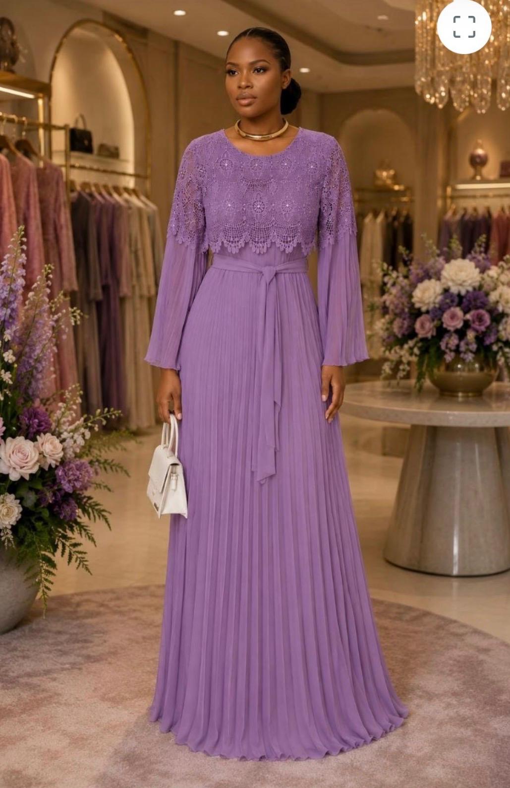 Luxury Lilac Lace Pleated Maxi Gown