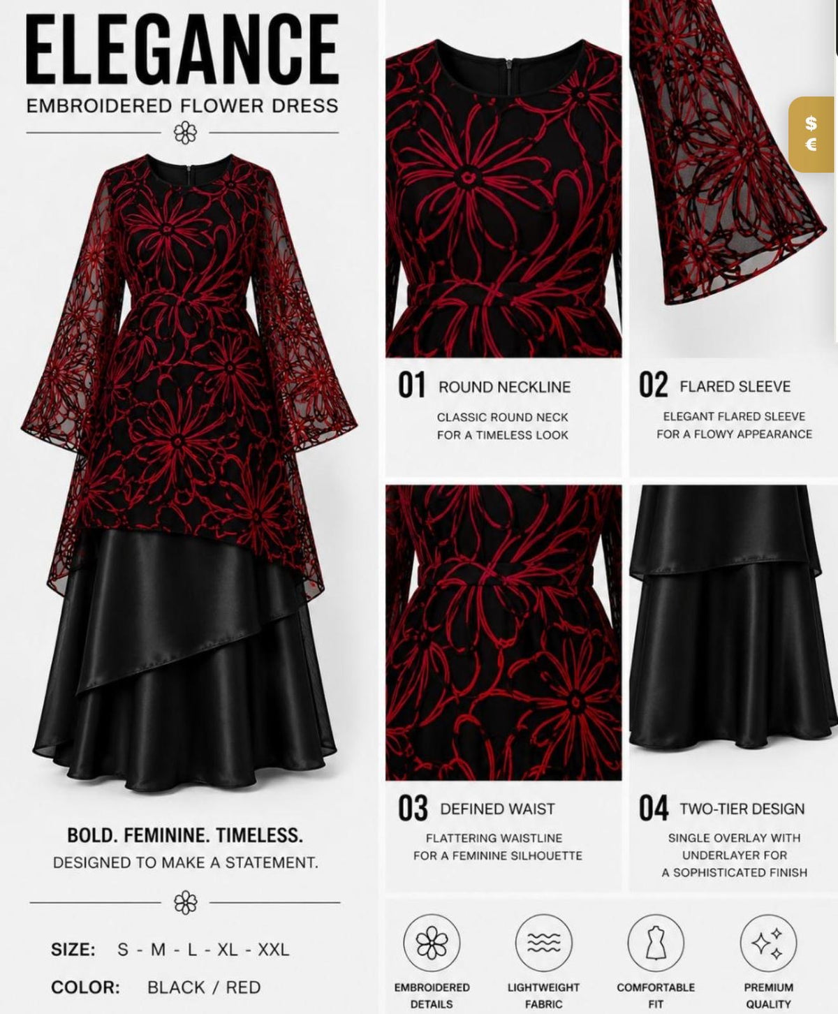 Black & Red Embroidered Floral Maxi Dress with Satin Overlay