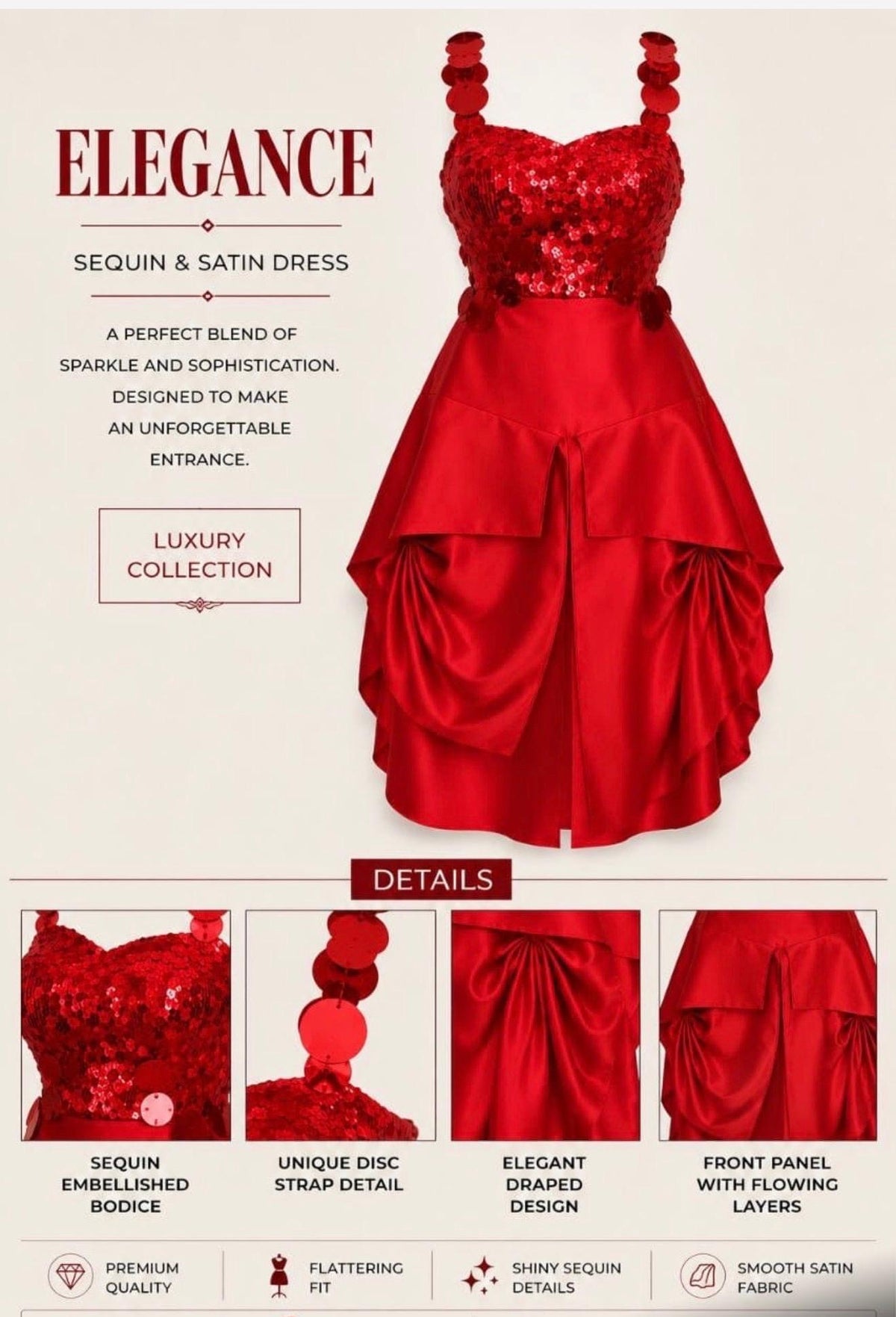 Red sequin & Satin draped dress