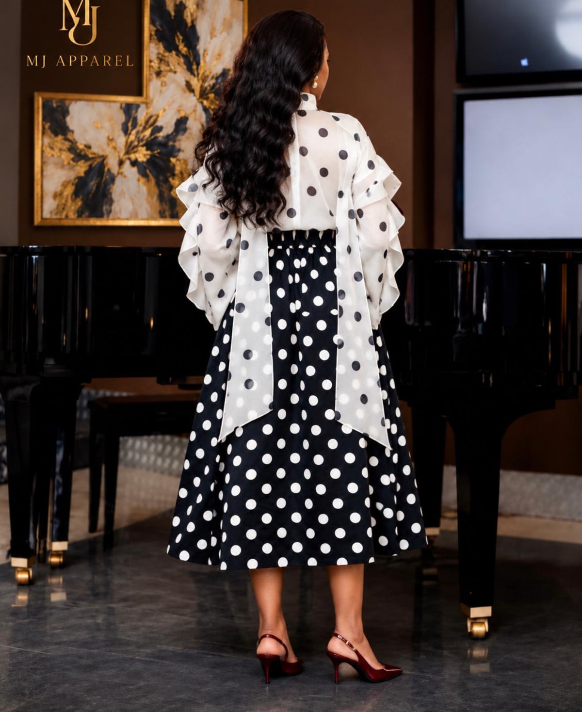 Polka Dot Elegance Three-Piece Set. Blouse, Skirt & Scarf