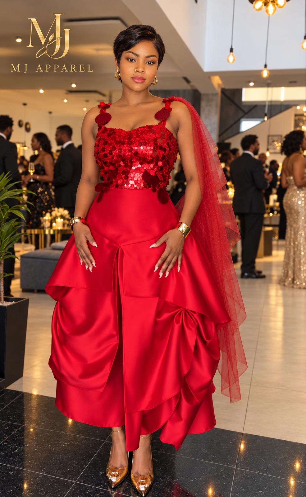 Red sequin & Satin draped dress