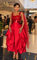 Red sequin & Satin draped dress