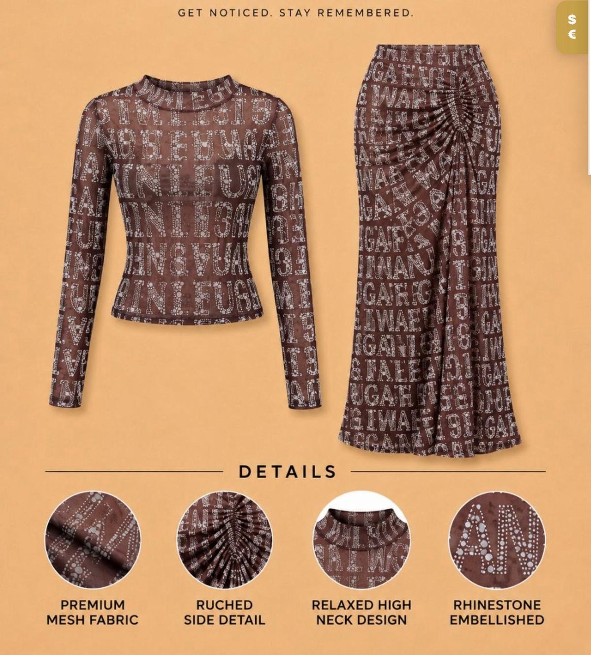 Brown Rhinestone Print Two-Piece Set. Long-Sleeve Top & Ruched Maxi Skirt