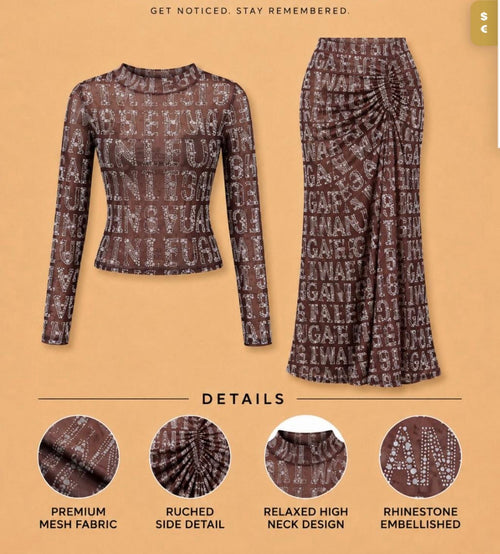 Brown Rhinestone Print Two-Piece Set. Long-Sleeve Top & Ruched Maxi Skirt