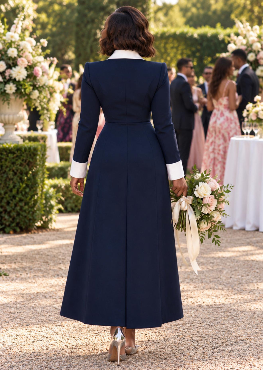 Elegant Navy Blue Double-Breasted Maxi Dress with White Collar