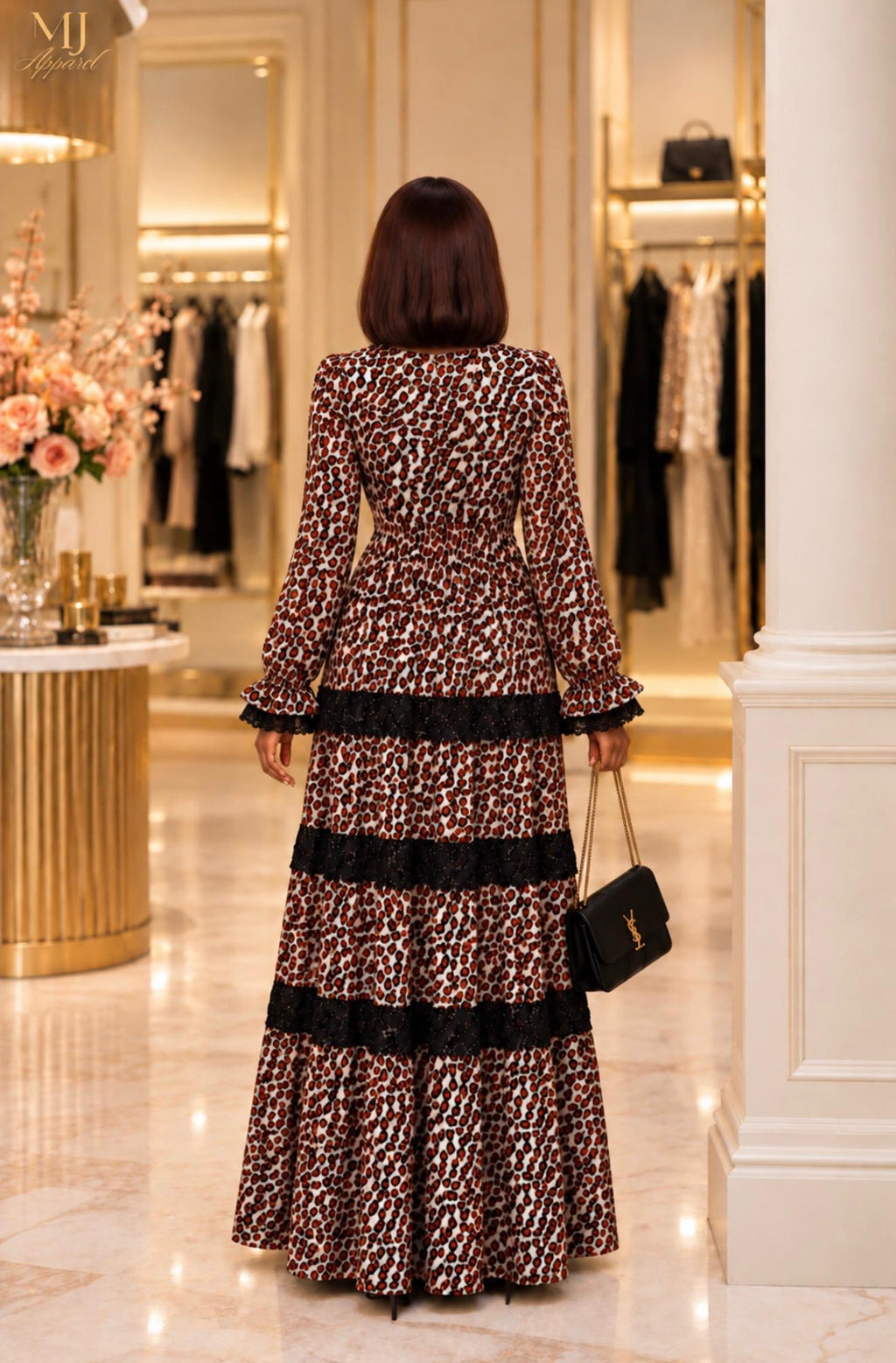 Luxury Printed Maxi Dress with Black Lace Trims