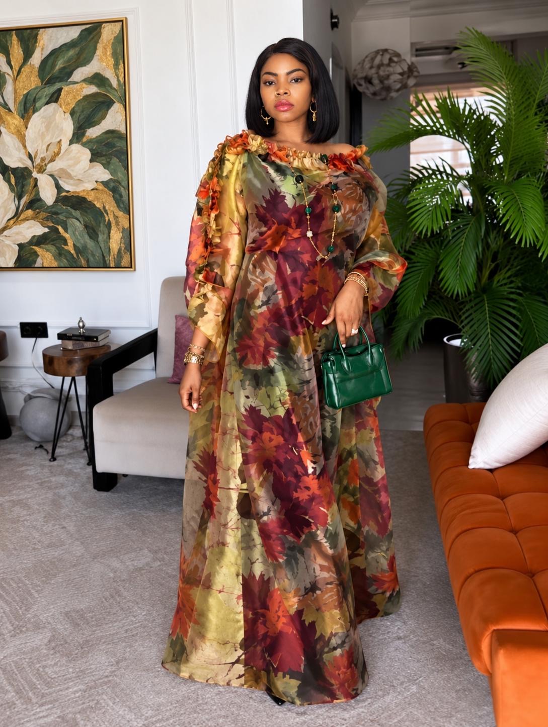 Floral Chiffon Kaftan Dress Set with Black Inner Dress