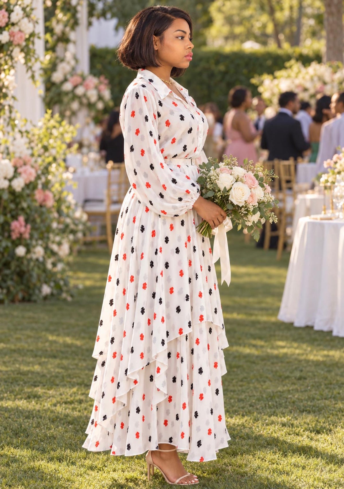 White Floral Print Two-Piece Set – Balloon Sleeve Blouse &amp; Layered Maxi Skirt
