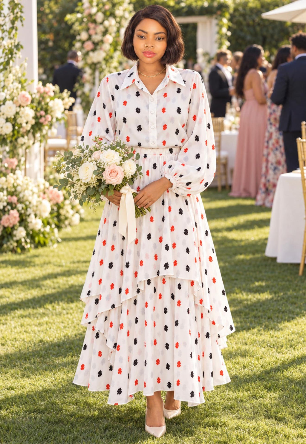 White Floral Print Two-Piece Set – Balloon Sleeve Blouse &amp; Layered Maxi Skirt
