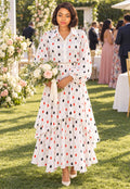 White Floral Print Two-Piece Set – Balloon Sleeve Blouse &amp; Layered Maxi Skirt
