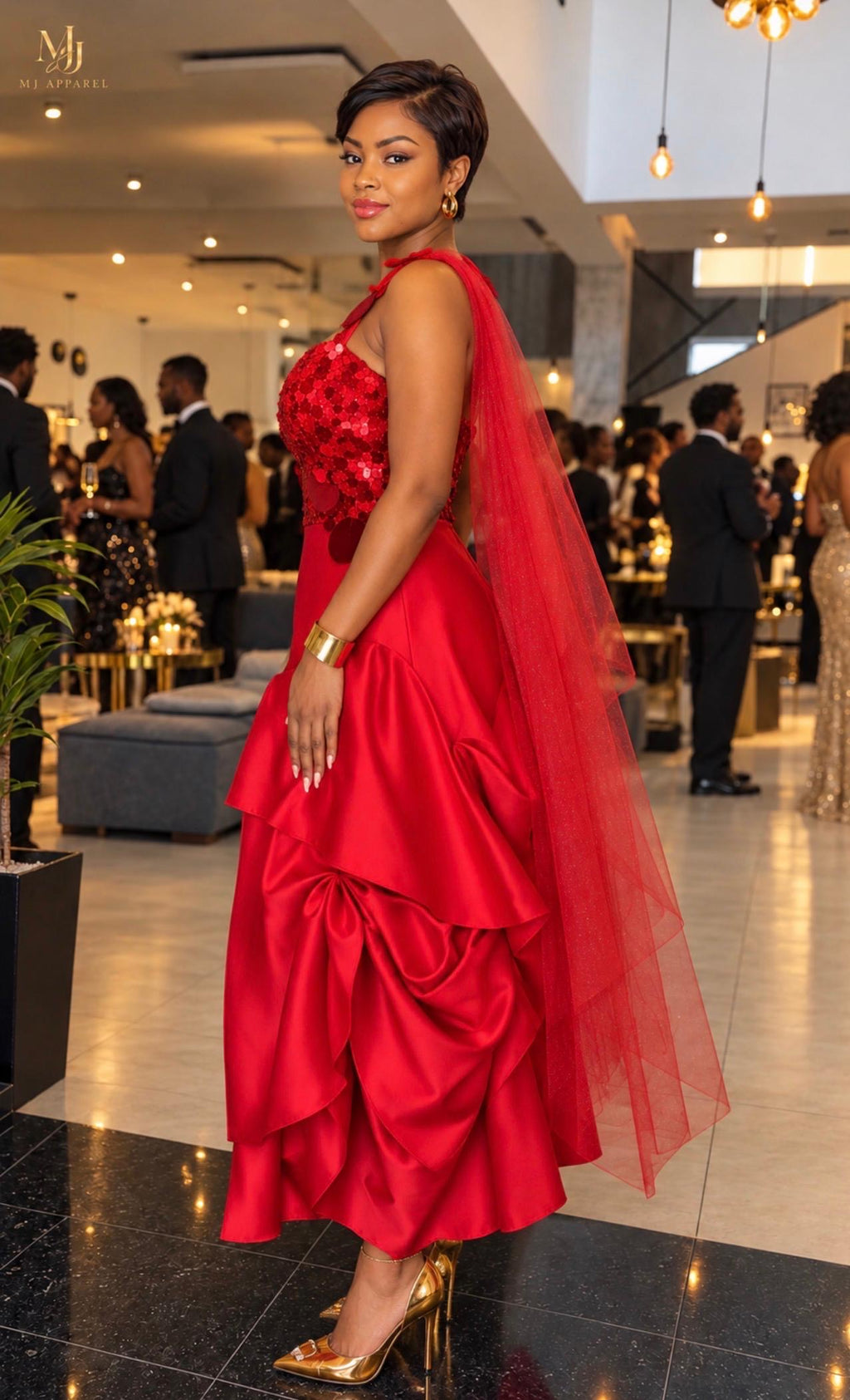 Red sequin & Satin draped dress