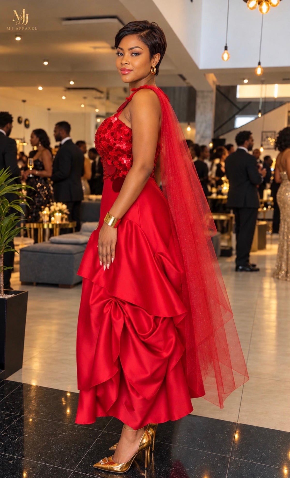 Red sequin & Satin draped dress