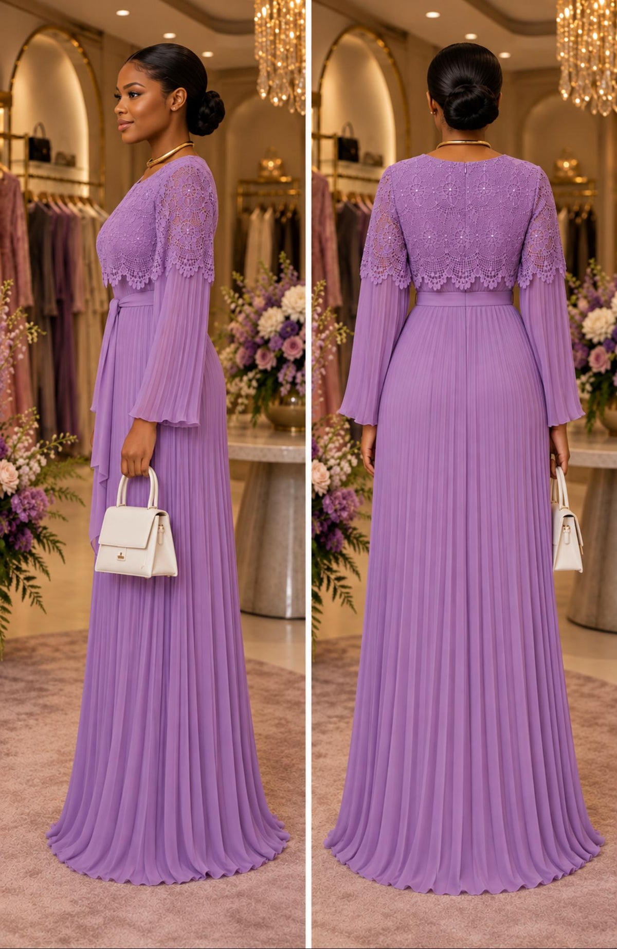 Luxury Lilac Lace Pleated Maxi Gown