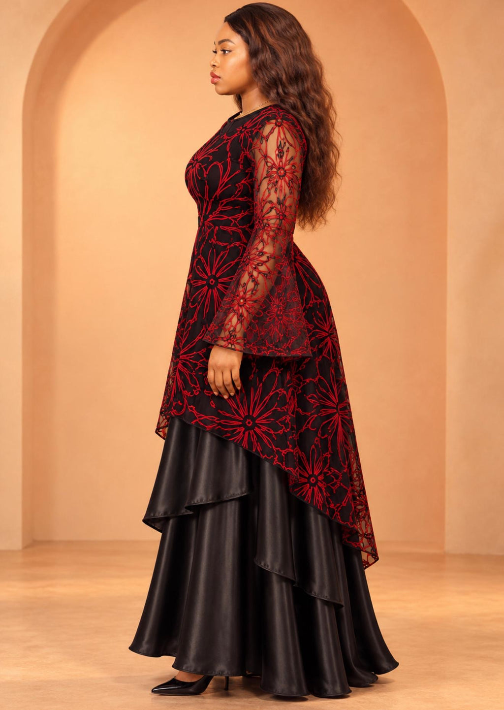 Black & Red Embroidered Floral Maxi Dress with Satin Overlay