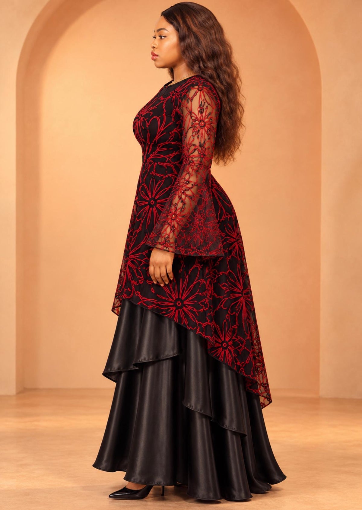 Black & Red Embroidered Floral Maxi Dress with Satin Overlay