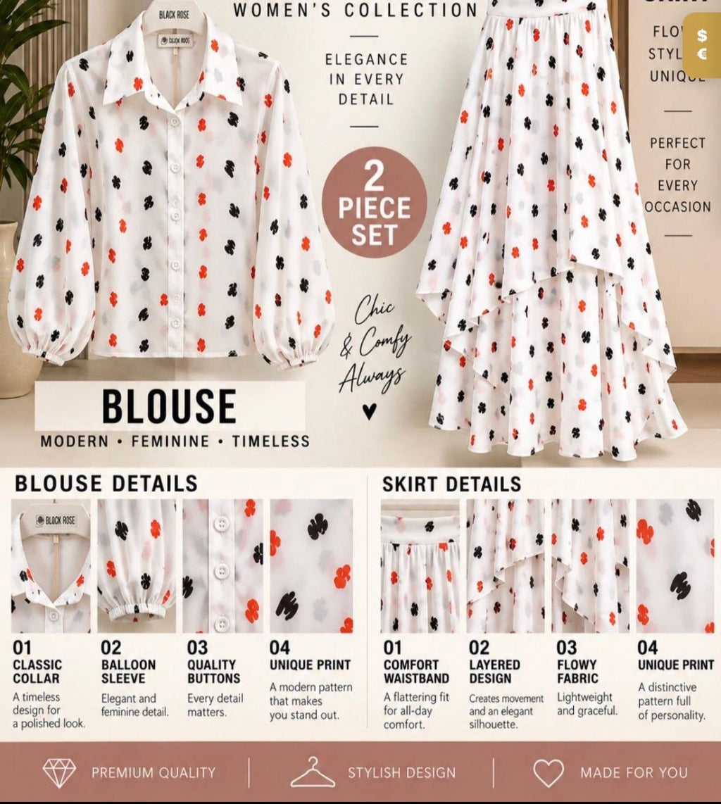 White Floral Print Two-Piece Set – Balloon Sleeve Blouse &amp; Layered Maxi Skirt