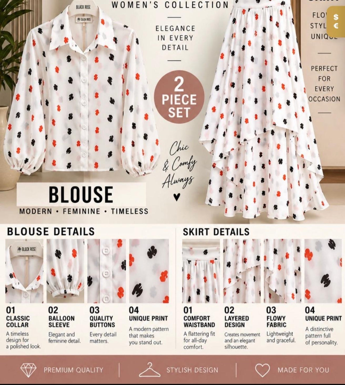White Floral Print Two-Piece Set – Balloon Sleeve Blouse &amp; Layered Maxi Skirt