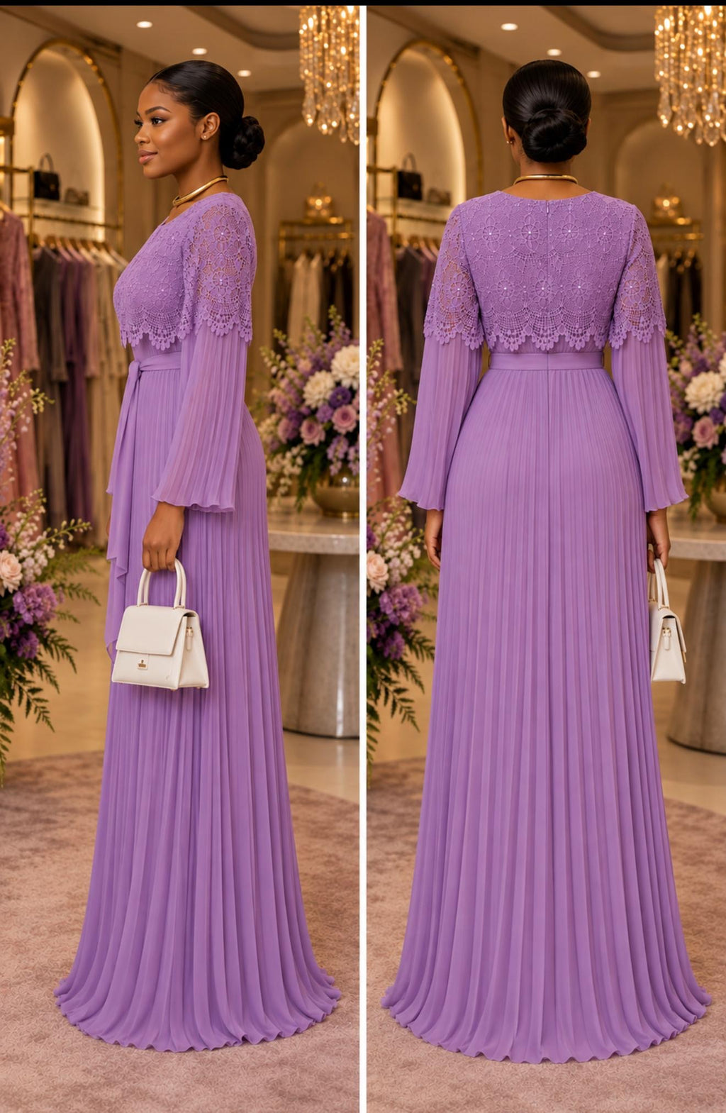 Elegant Lavender Lace & Pleated Maxi Gown. 💜