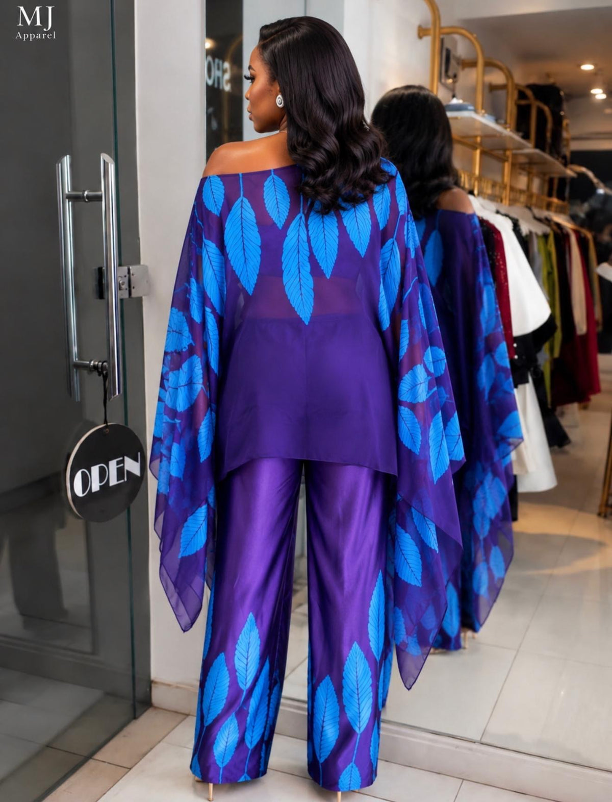 Royal Blue & Purple Leaf Print Two-Piece Pants Set. 💜💙