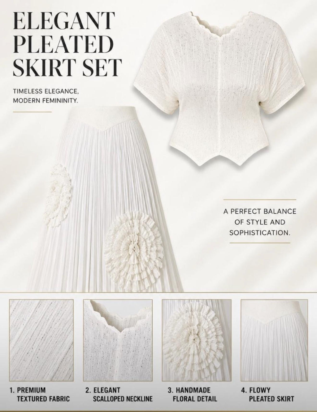 Elegant White Textured Top &amp; Pleated Skirt Set