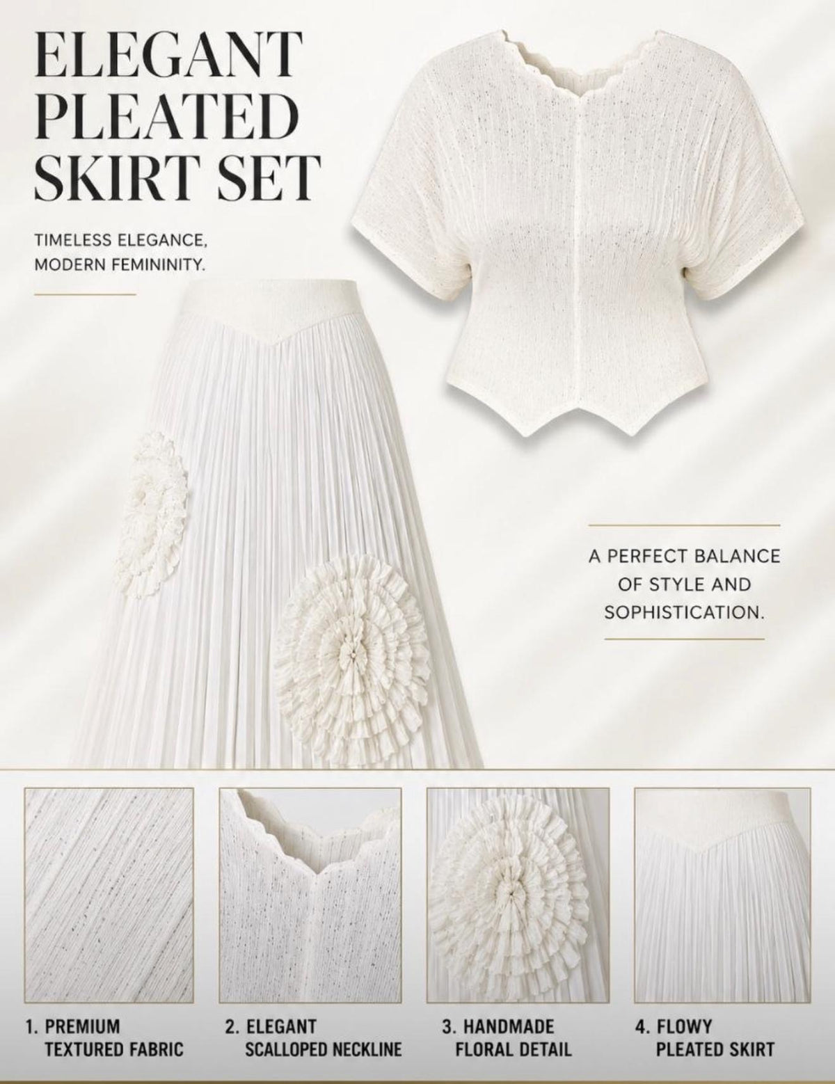 Elegant White Textured Top &amp; Pleated Skirt Set