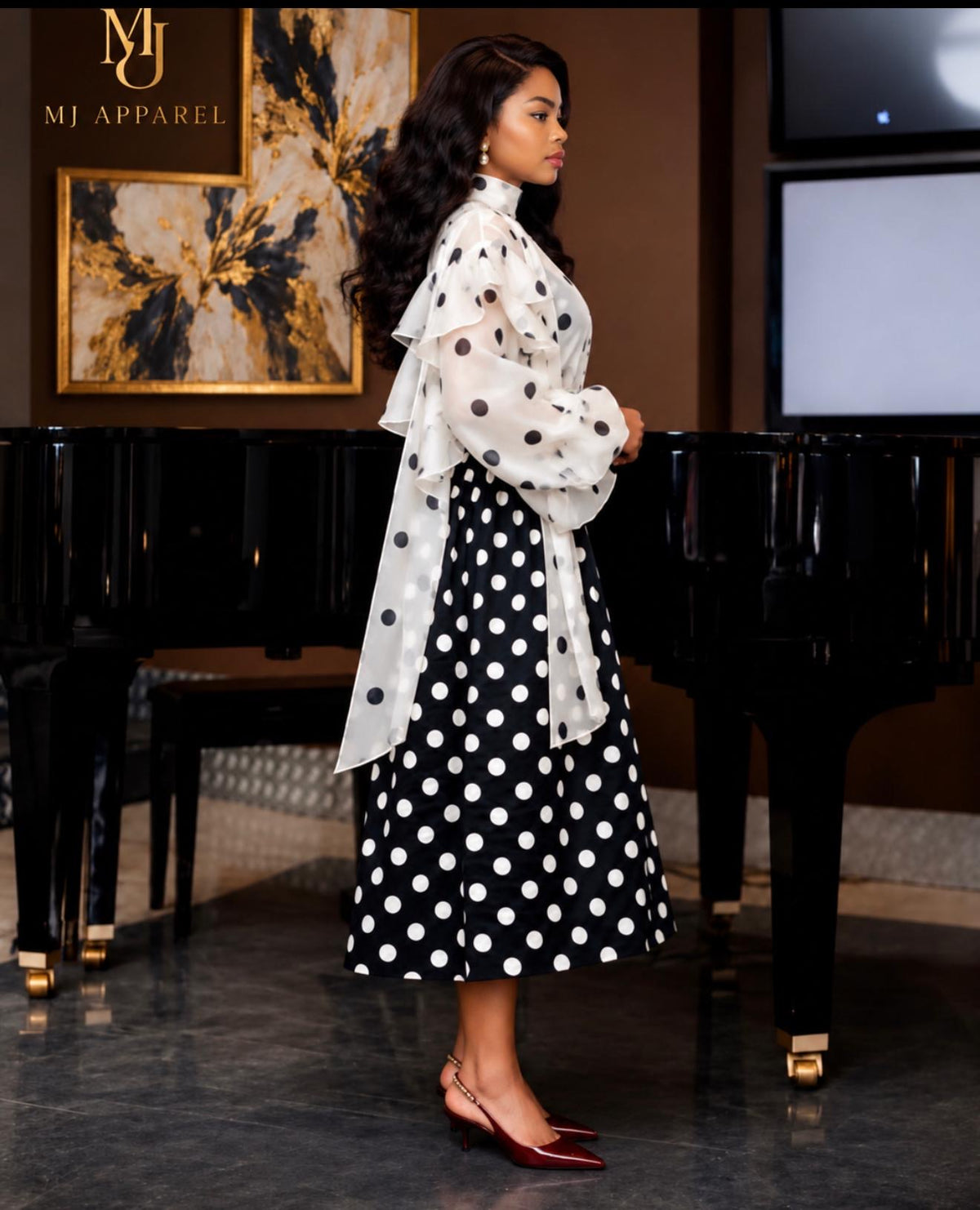 Polka Dot Elegance Three-Piece Set. Blouse, Skirt & Scarf