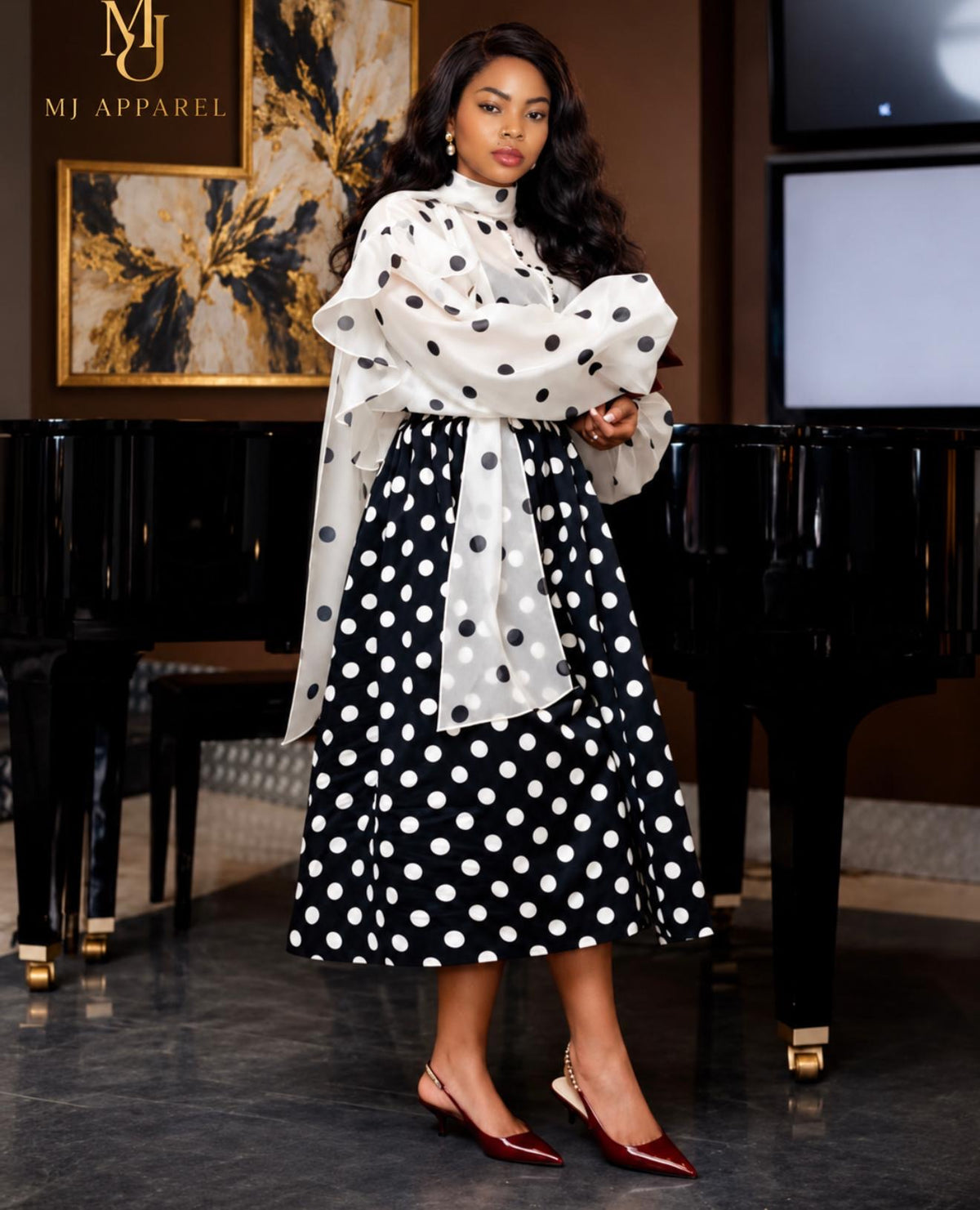 Polka Dot Elegance Three-Piece Set. Blouse, Skirt & Scarf