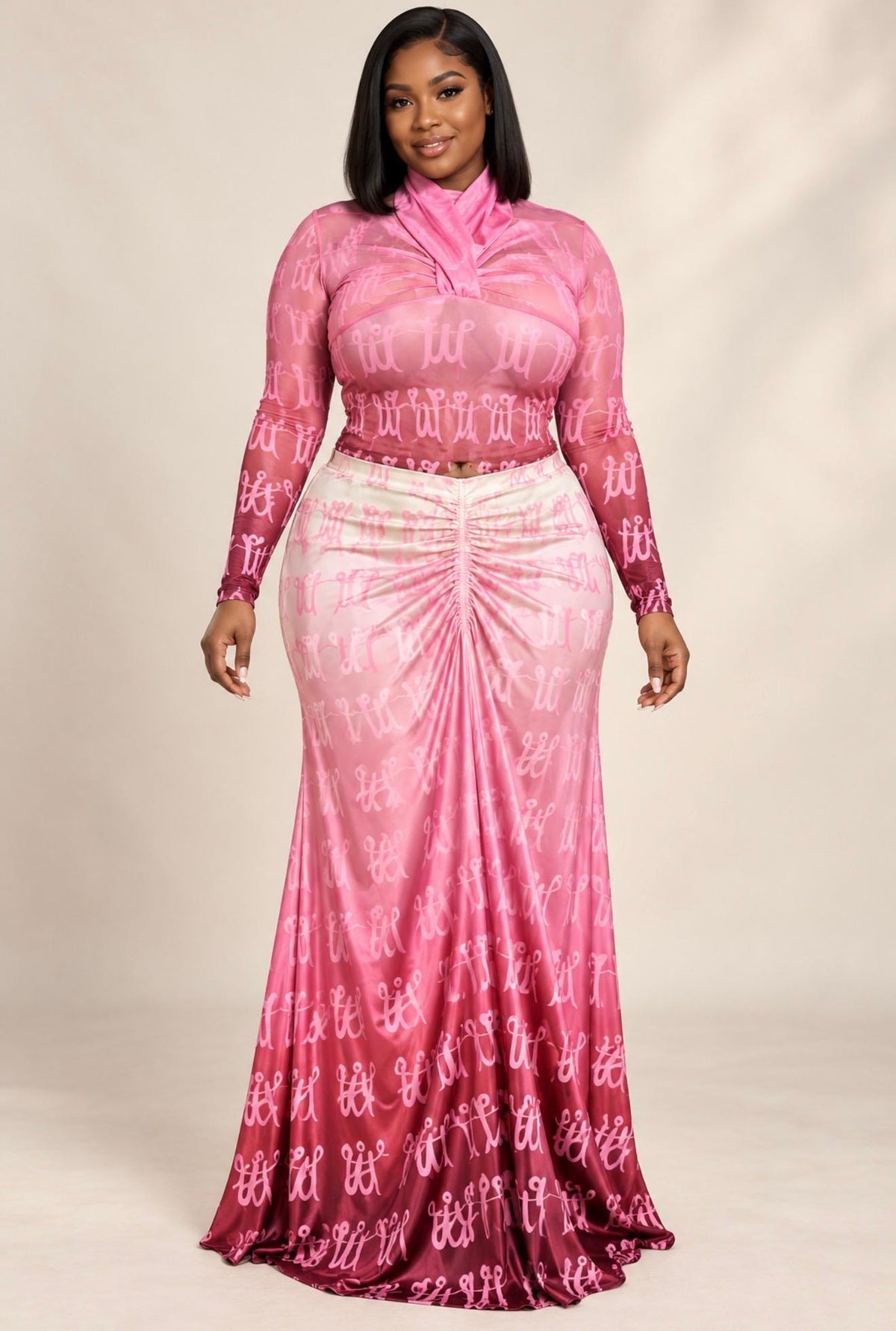 Pink Ombre Printed Two-Piece Maxi Skirt Set