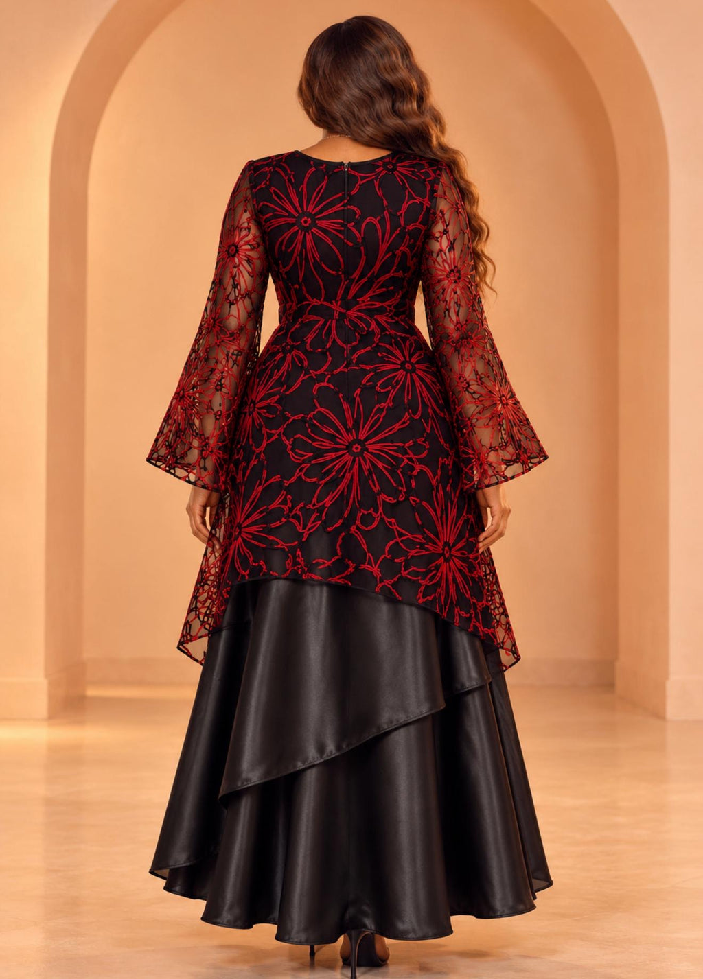 Black & Red Embroidered Floral Maxi Dress with Satin Overlay