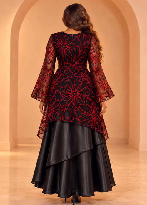 Black & Red Embroidered Floral Maxi Dress with Satin Overlay