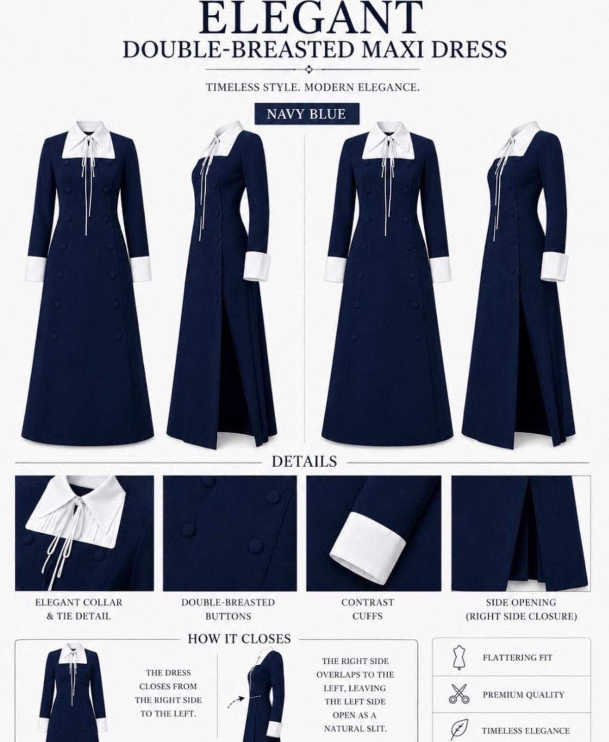 Elegant Navy Blue Double-Breasted Maxi Dress with White Collar