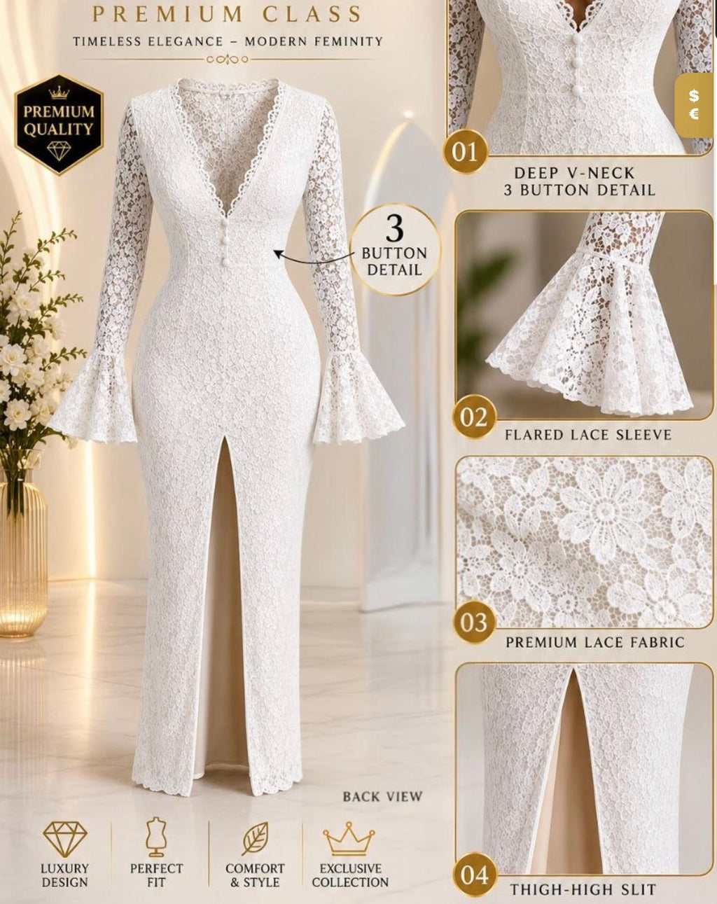 Elegant White Lace Flare Sleeve Maxi Dress